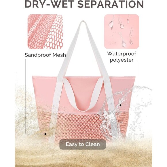 Women Pink Beach Bag Large Waterproof Sandproof Foldable Tote With Zipper Mesh - Picture 3 of 7